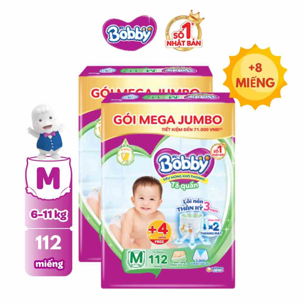 [TẶNG THÊM 4 MIẾNG] Bộ 2 Tã/bỉm quần Bobby 3mm Mega Jumbo Gạo non Giảm nhiệt M112/L96/XL84/XXL76