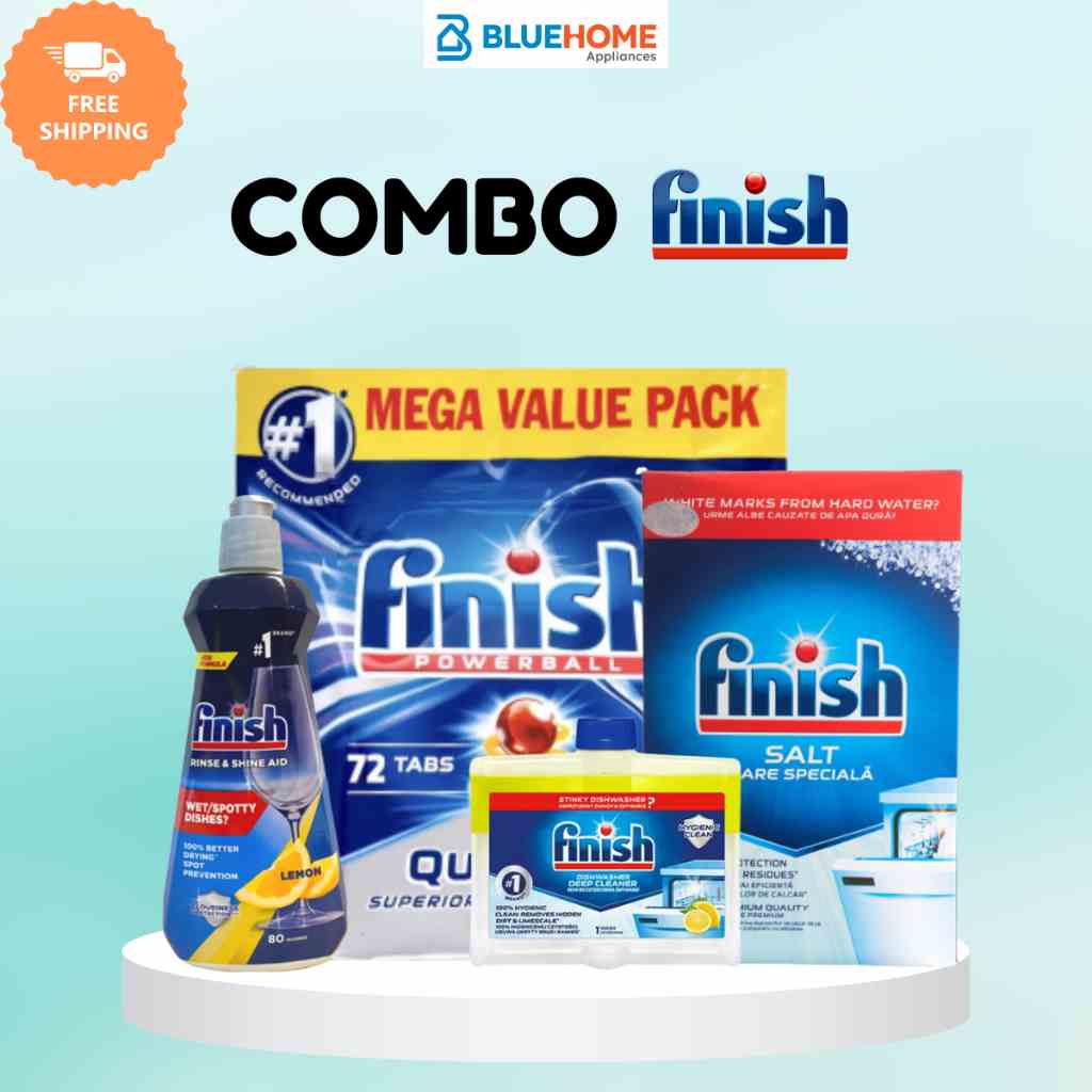 Combo Finish: Viên rửa bát Finish Quantum 72 viên + Muối 1.5kg + Bóng 400ml + Dung dịch vệ sinh 250ml