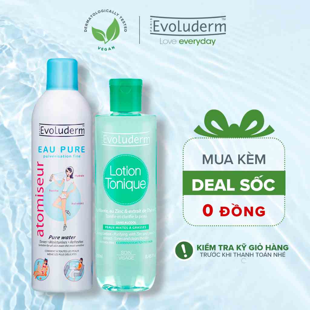 Bộ Xịt Khoáng Evoluderm dưỡng ẩm cấp nước 400ml và Nước Hoa Hồng cho da hỗn hợp dầu mụn 250ml