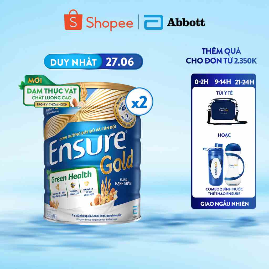 Combo 2 Sữa bột Ensure Gold Đạm thực vật 850g/lon