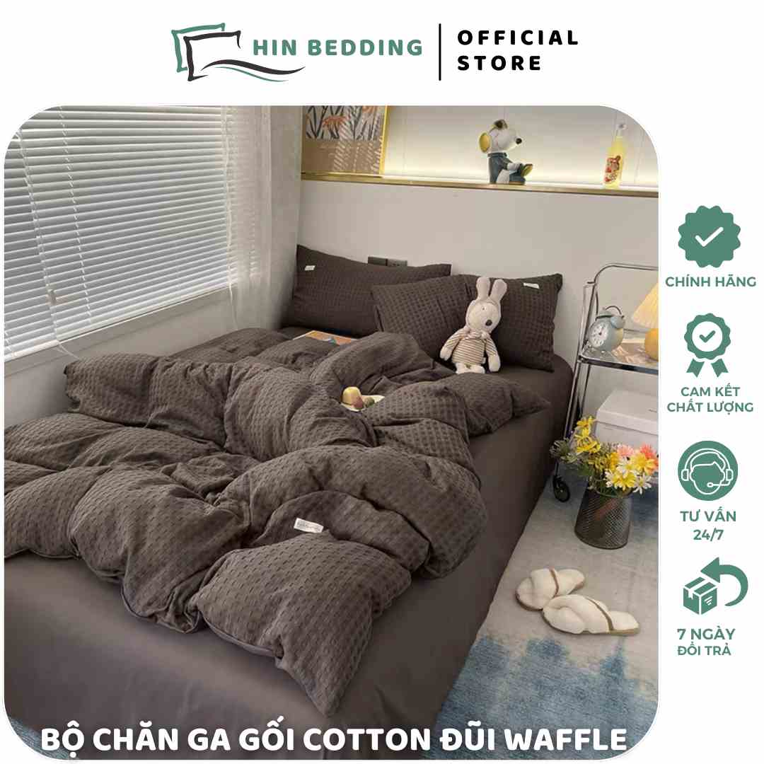 Bộ Chăn Ga Gối Chất Liệu Cotton Dúm Ô Vuông Waffle HIN BEDDING Cao Cấp Phong Cách Hàn Quốc, Ga Giường Đủ Kích Thước