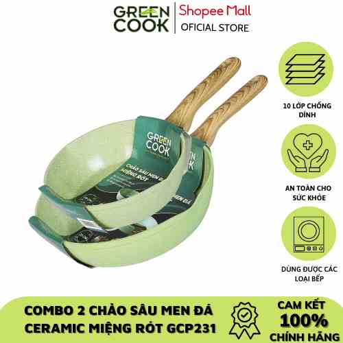 Combo 2 chảo sâu men đá ceramic miệng rót Green Cook GCP231 màu xanh 10 lớp chống dính.