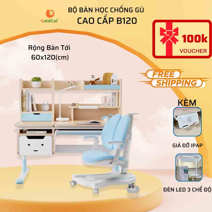 Bàn Ghế Học Sinh Cao Cấp Chống Gù Chống Cận Cho Bé Kèm Giá Sách, Đèn Học Goldcat B120