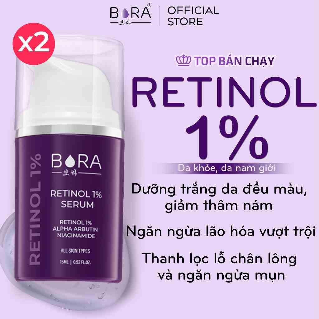 COMBO 2 Serum Retinol BORA 1% Dưỡng Trắng Da Ngừa Lão Hóa Mờ Nếp Nhăn Da Săn Chắc Chai 15ml