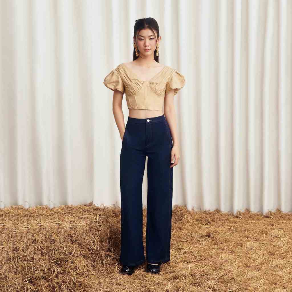 MAVEN - Áo croptop nâu tay phồng xếp ly Kandy Top