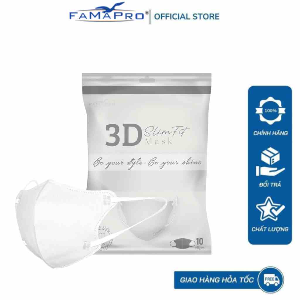 Khẩu trang y tế 3 lớp kháng khuẩn  3d Mask SlimFit Famapro cao cấp bịch 10 cái