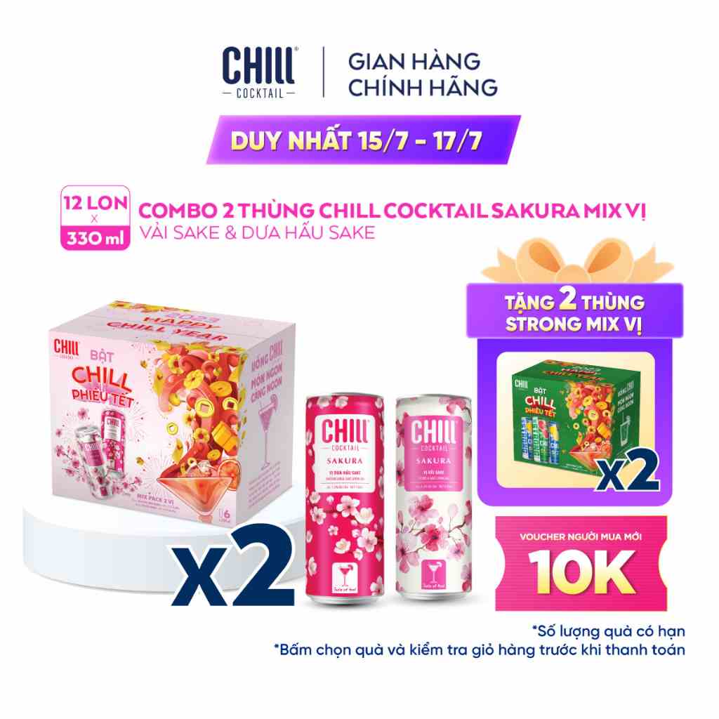 Combo 2 Thùng 6 lon Chill Cocktail Sakura mix vị Vải Sake & Dưa Hấu Sake (12 lon x 330ml/lon)