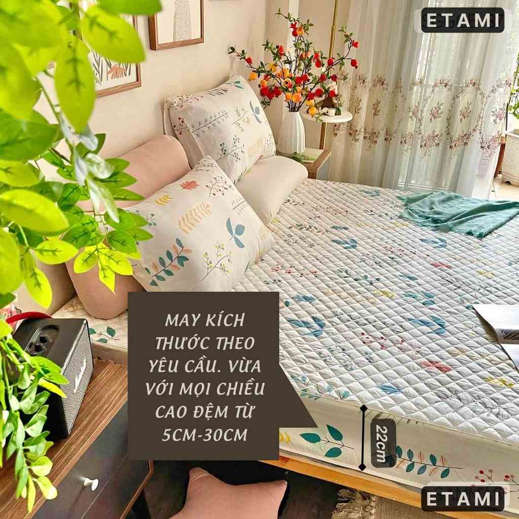 Bộ ga gối cotton Hoa lá dây xanh trắng living 3 món cao cấp ETAMI đủ kích thước, miễn phí bo chun grap (chưa kèm ruột )