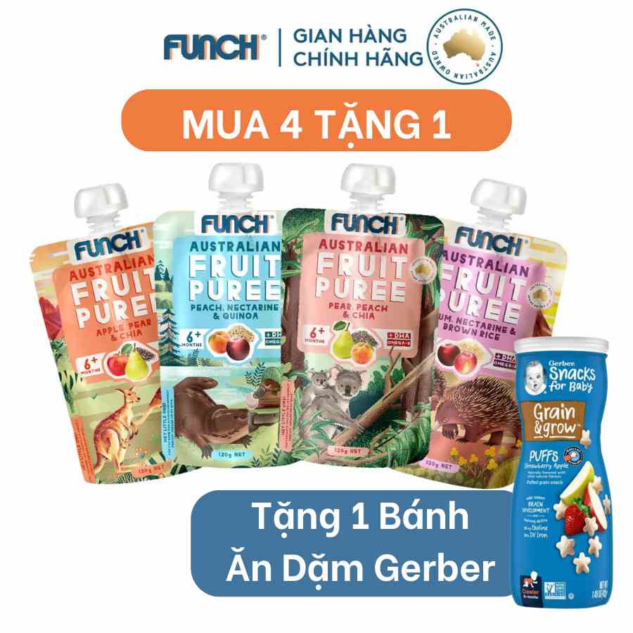 (Mua 4 tặng 1) Combo 4 Gói Trái Cây Nghiền Mix Hạt Dinh Dưỡng FUNCH 4 Vị Tặng 1 Bánh Ăn Dặm Gerber Mỹ 42g