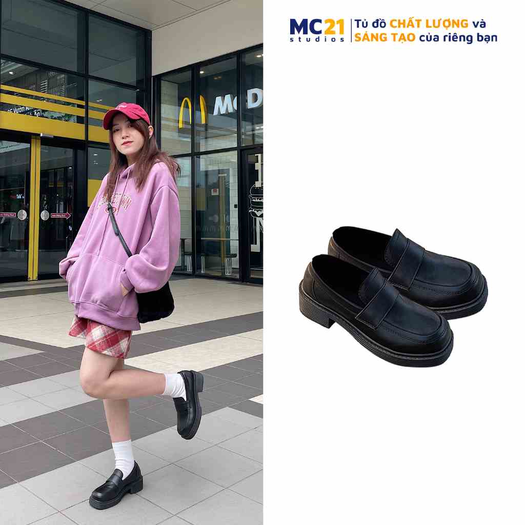 Giày loafer nữ MINION CLOTHING chất da PU mềm không bong chóc Ulzzang Streetwear Hàn Quốc gót cao 4cm đi êm chân G3402