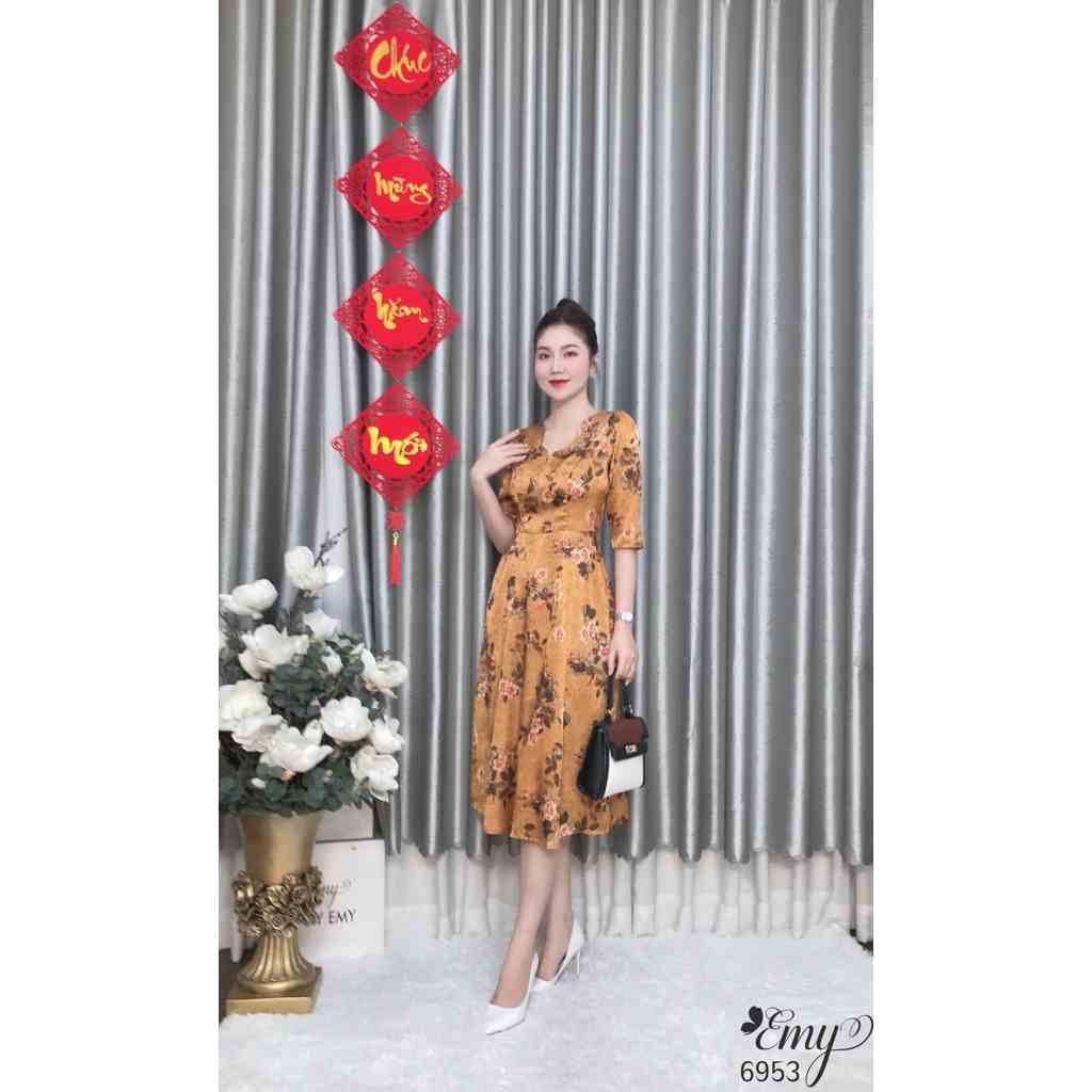 Đầm EMY EM6953 Xoè Lụa Vân Pháp Vàng Gold