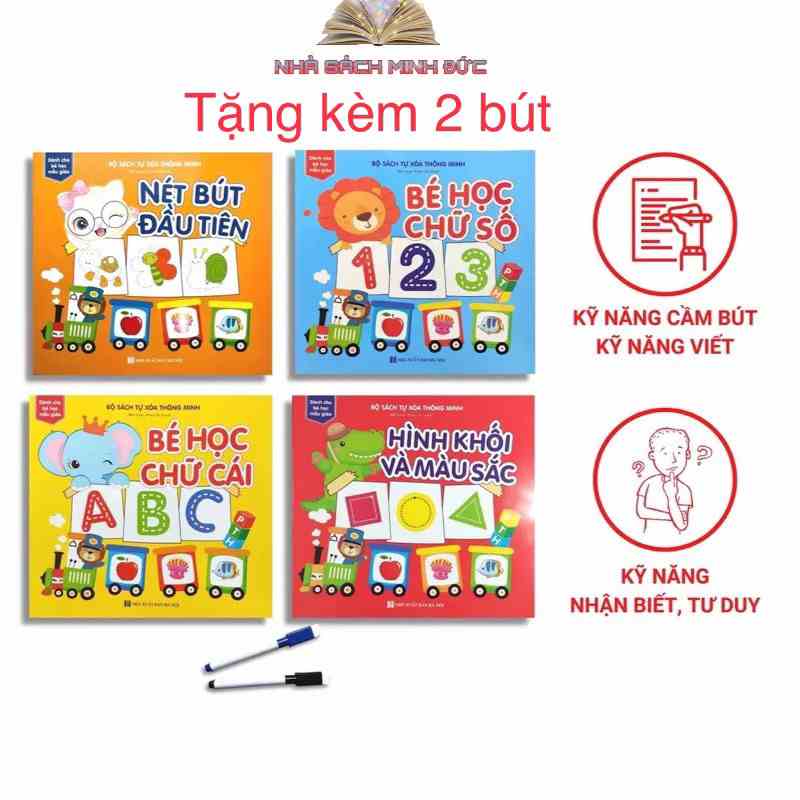 Sách Tự Xóa Thông Minh - Bộ 4 Cuốn - Bé Học Toán, Bé Học Chữ Số, Bé Học Chữ Cái, Hình Khối Và Màu Sắc( Tặng 2 bút)