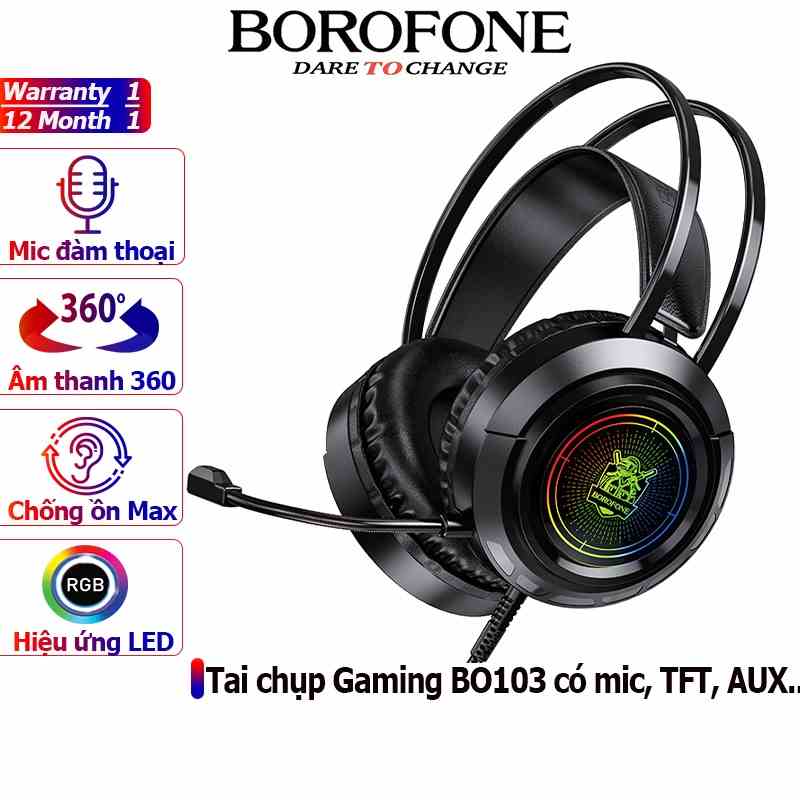 Tai Headphone BOROFONE BO103 Gaming chống ồn hiệu quả, có LED, Jack USB và 3.5mm, tai chụp dài 2.2M - Chính hãng