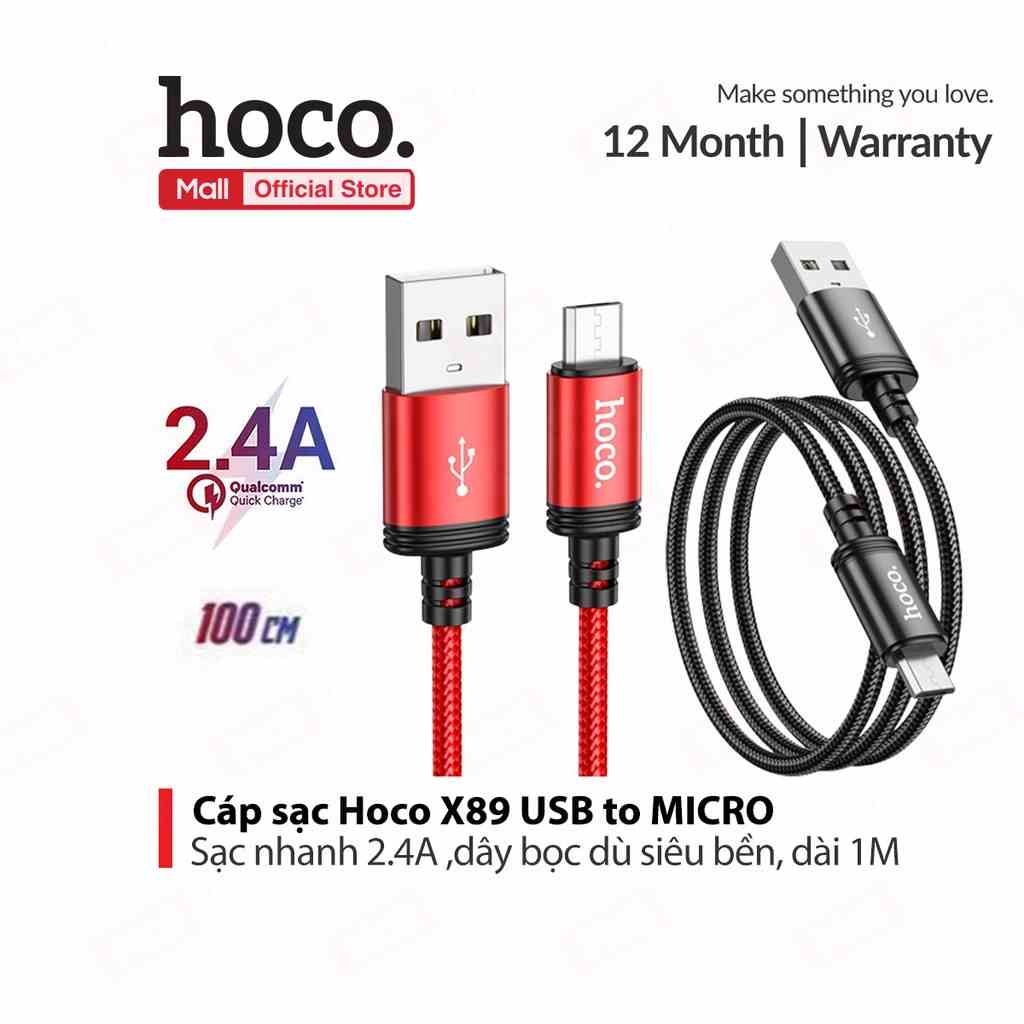 Cáp sạc nhanh Micro Hoco X89 sạc nhanh 2A, hỗ trợ truyền dữ liệu, dành cho Android phone, dây dù bền bỉ dài 100CM