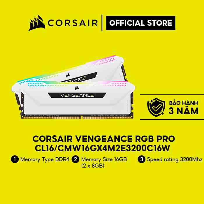 Bộ nhớ trong Corsair DDR4 Vengeance RGB PRO Heat spreader,RGB LED,3200MHz, CL16,16GB (2x8GB) trắng/CMW16GX4M2E3200C16W