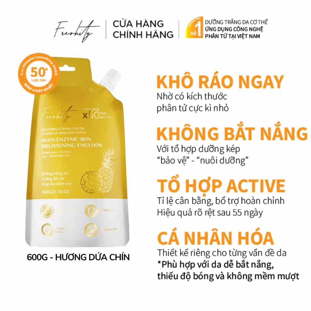 Sữa dưỡng ủ trắng Freshity 600gr chiết xuất từ dứa cho da có tone da vàng khó trắng thơm mùi dứa tự nhiên