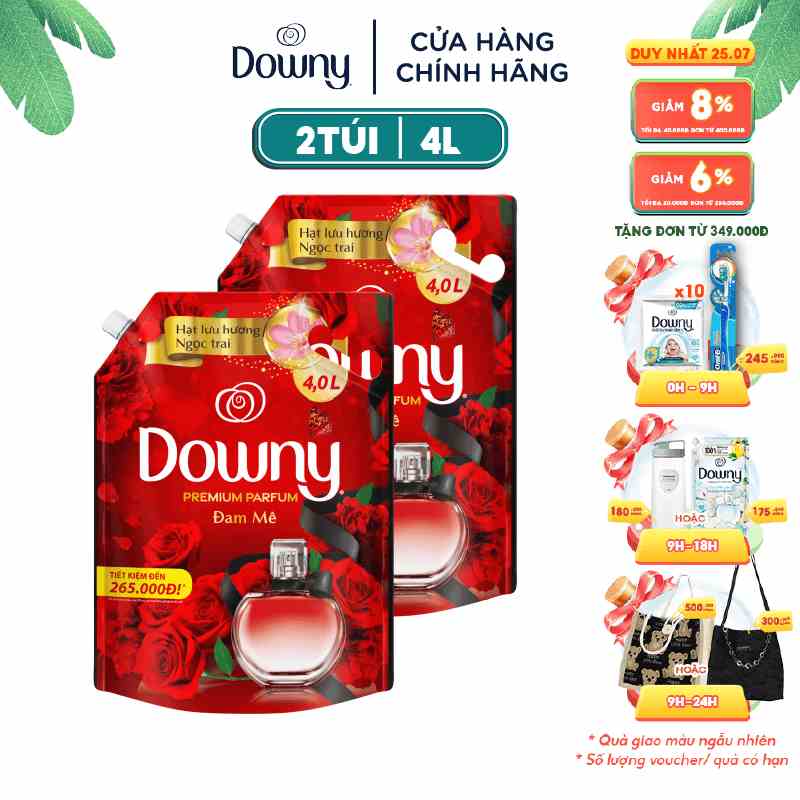 Combo 2 Túi Nước Xả Vải Downy Tinh Dầu Thiên Nhiên Hương Đam Mê 4L/túi