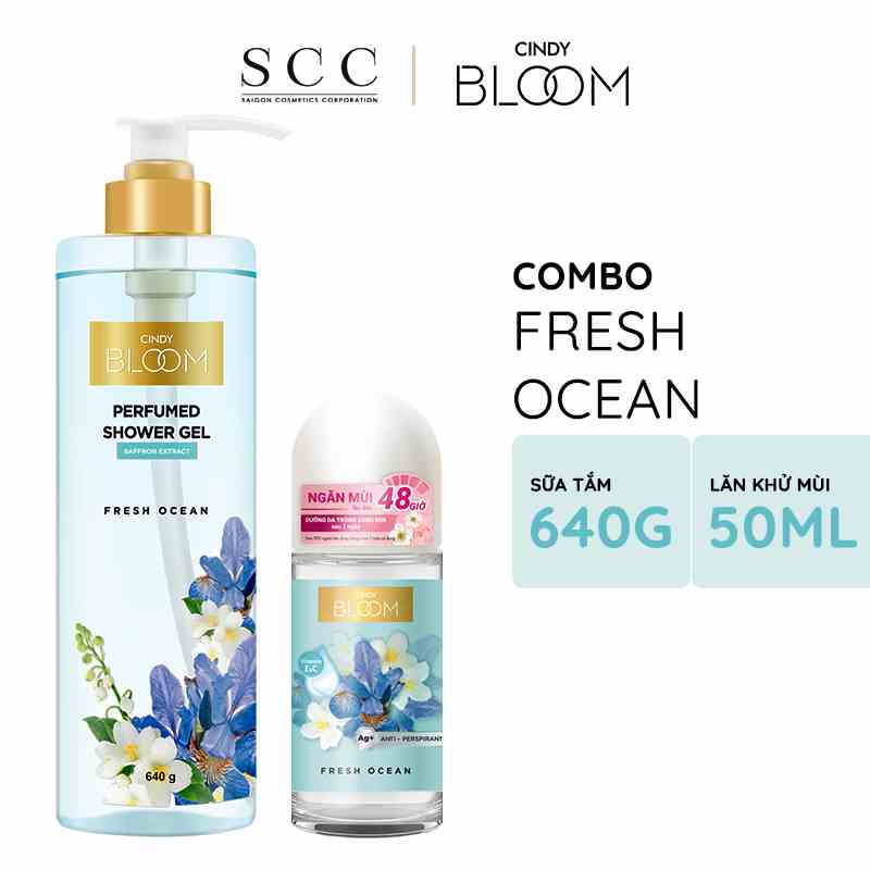 Combo Sữa tắm + Lăn khử mùi Cindy Bloom Fresh Ocean hương năng động trẻ trung 640g + 50ml