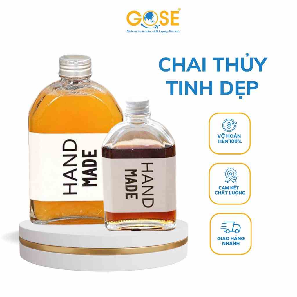 Chai thủy tinh dẹp GOSE vai bầu nắp nhôm đựng nước ép, sinh tố, cafe, đồ uống handmade 250ml 500ml