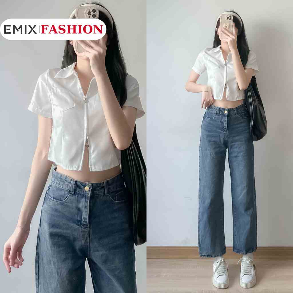 Áo sơ mi croptop ngắn tay EMIX, áo thô boil khoá kéo hình trái tim freesize dưới 55kg  Aocrt3039