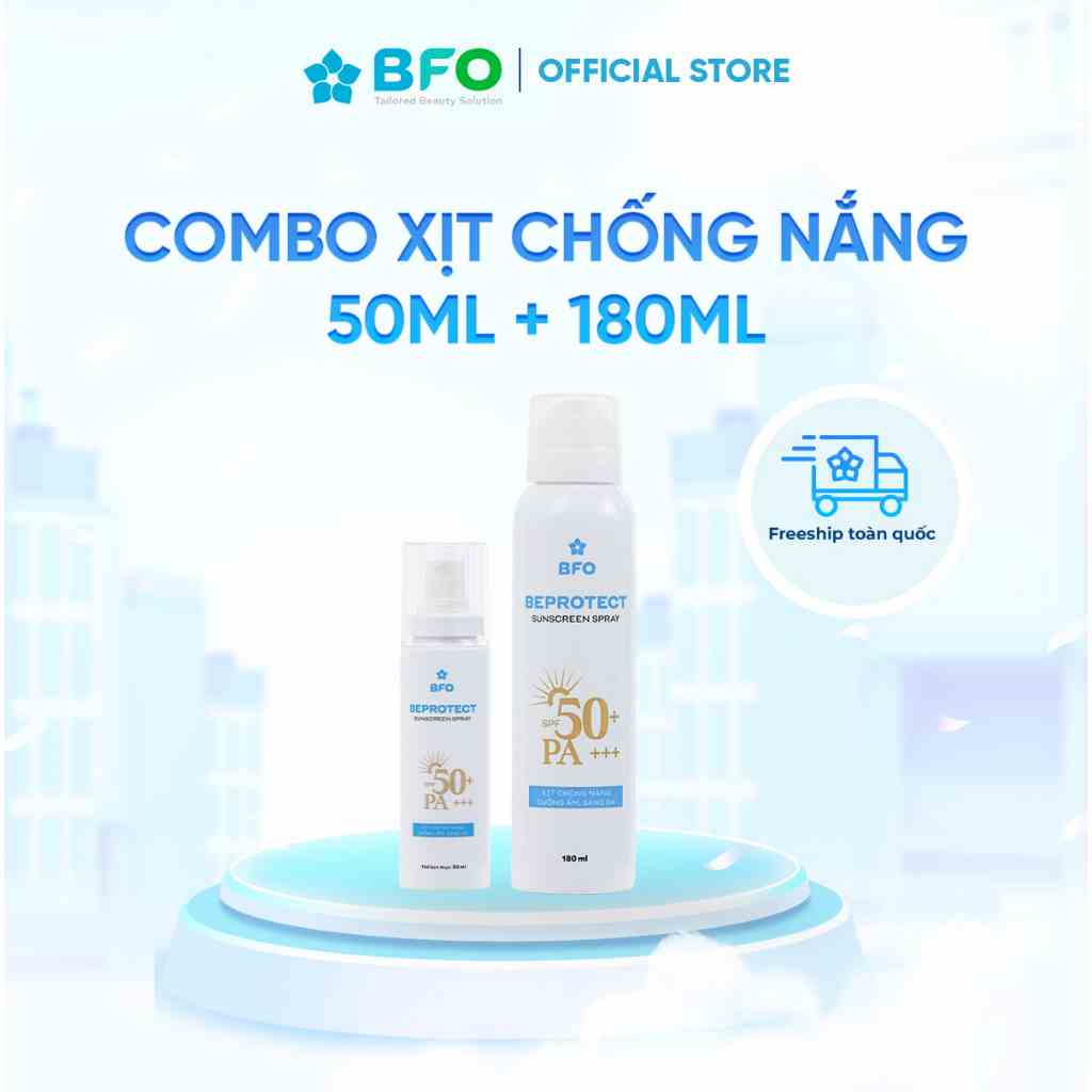 Combo Xịt chống nắng Beprotect Sunscreen Spray 50ml (Đồng) + Xịt chống nắng Beprotect Sunscreen Spray 180ml (Đồng)