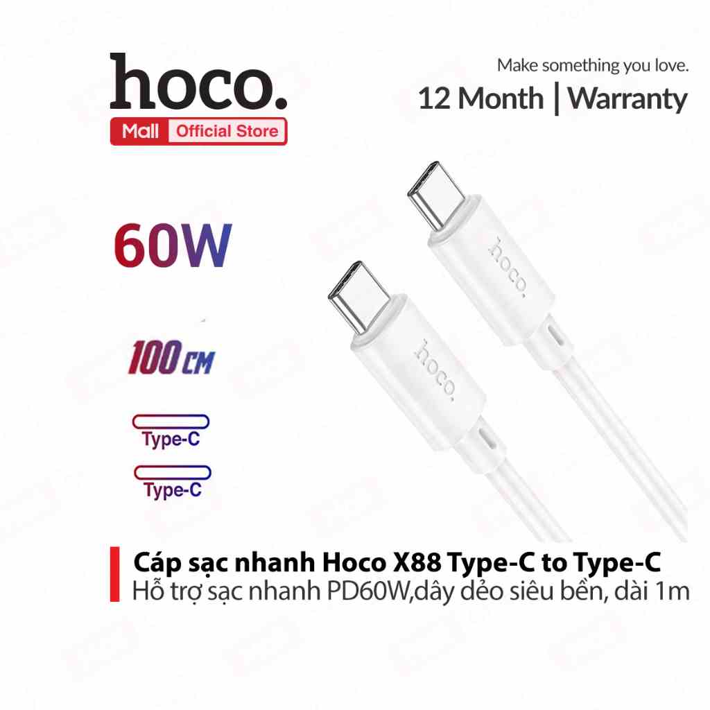 Cáp sạc nhanh PD60W Type-C to Type-C Hoco X88 dây dẻo siêu bền dài 100cm (TRẮNG)