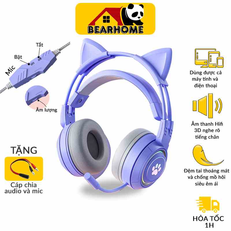 Tai nghe có dây tai nghe chụp tai có mic gaming tai mèo dễ thương headphone có dây tương thích mọi nền tảng PC Laptop ĐT