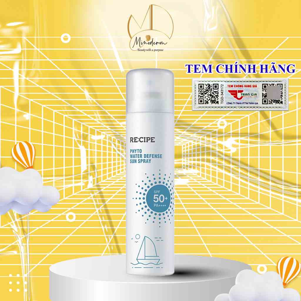 Xịt Chống Nắng Recipe Phyto Water Defense Sun Spray SPF50 PA++++ Chống Nước, không trôi, bảo vệ da toàn diện 180ml