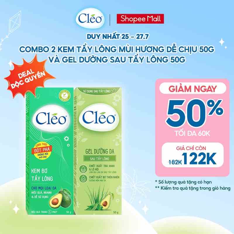 Kem Bơ Tẩy Lông Cléo 50g Hương Thơm Dễ Chịu cho Mọi Loại Da kể cả Da Nhạy Cảm và Gel Dưỡng Da Sau Tẩy Lông Cleo 50g