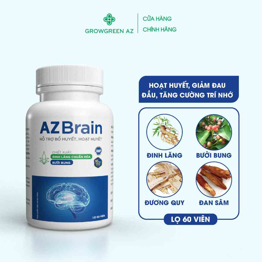 Combo 2 hộp viên uống AZBrain tăng cường trí nhớ, bổ huyết,hết đau nửa đầu, chóng mặt, ngủ ngon (Hộp 60 viên)