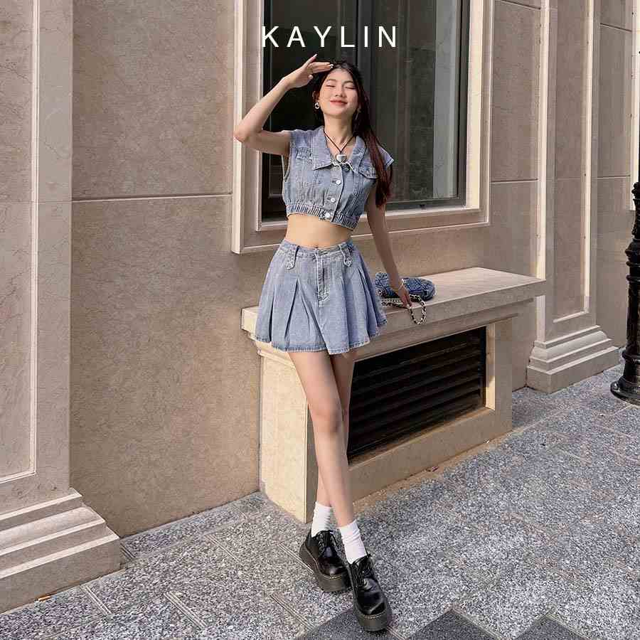 Set jean áo croptop bo lai kèm chân váy xòe xếp ly phong cách retro đường phố KAYLIN - N2074