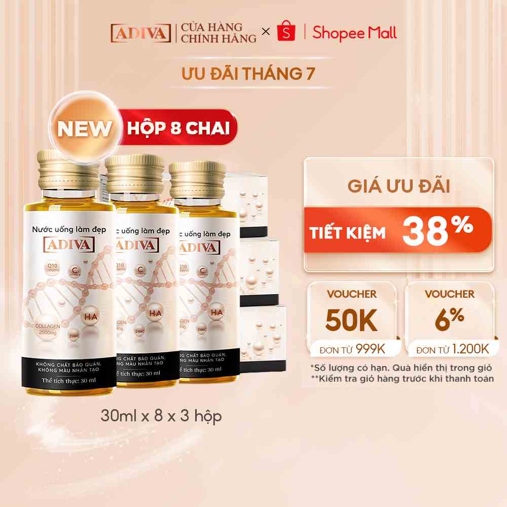 Combo 3 Hộp Nước Uống Làm Đẹp Collagen ADIVA (8 Chai/Hộp)