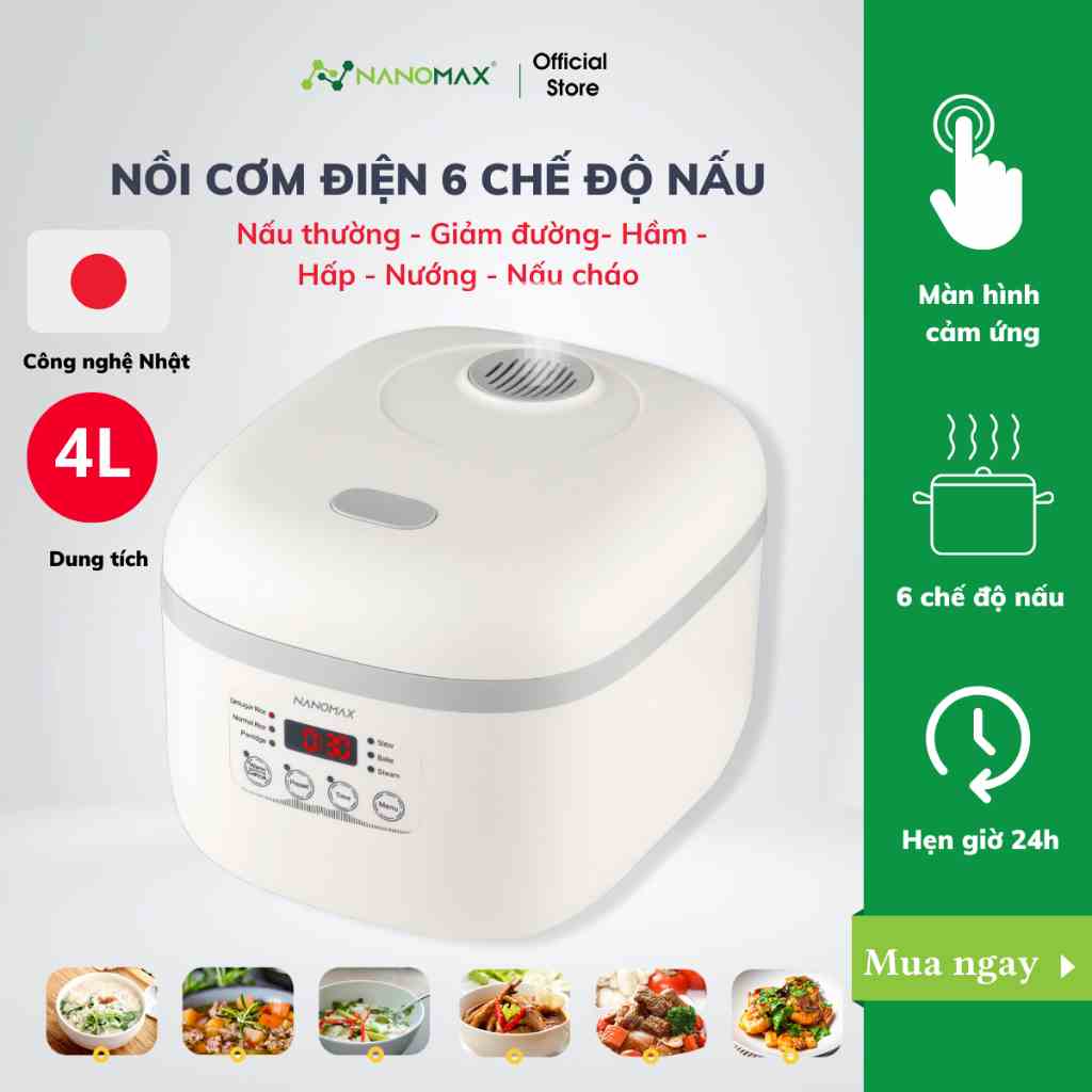 Nồi Cơm Điện Đa Năng,Tách Đường NANOMAX QS-A04H, Dung Tích 4L, 6 Chế Độ Nấu, Màn Hình Cảm Ứng, Nồi Thép Không Gỉ, BH 12