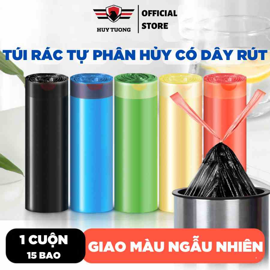 Túi đựng rác có dây rút tiện lợi, kích thước 45x50 cm, túi đựng rác dây rút tự phân hủy 1 cuộn/15 túi - Huy Tưởng