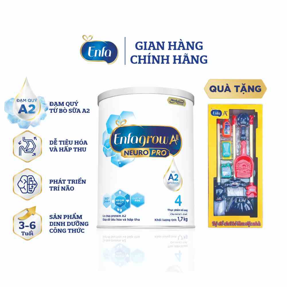 [Tặng đồ chơi việc nhà] Sữa bột Enfagrow A2 - 1.7kg Neuro Pro 4 dành cho trẻ 3-6 tuổi