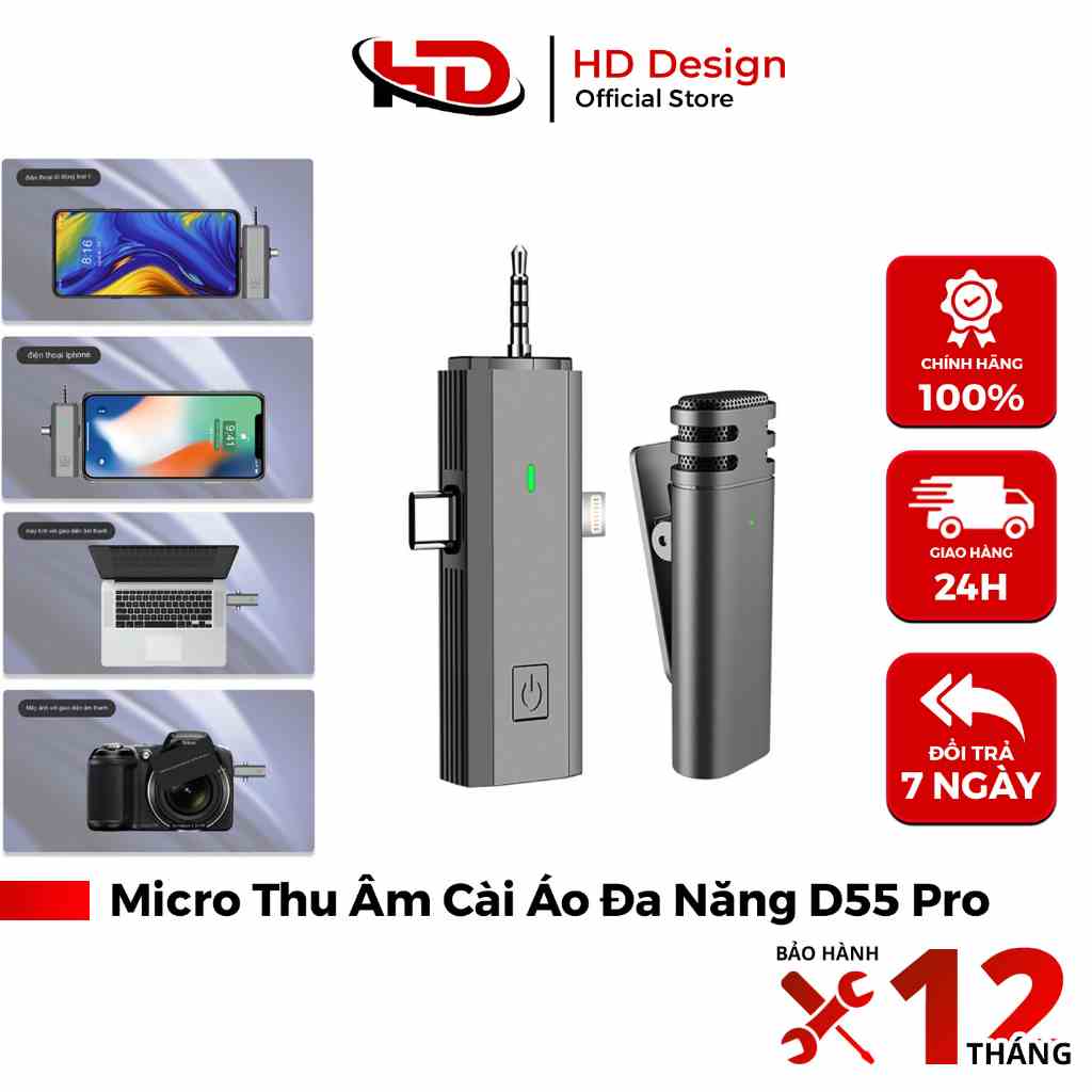 Micro Thu Âm Cài Áo Đa Năng D55 Pro - 3 Cổng cắm Đa Năng - Lọc Âm Cực Tốt - Chính Hãng HD Design