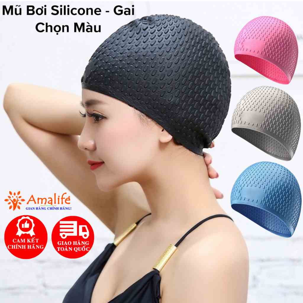 Mũ Bơi Người Lớn, Trẻ Em Silicone Siêu Co Giãn – Chọn Màu, Siêu Bền, Siêu Mềm, Chống Thấm Nước Loại Có Gai Hãng Amalife