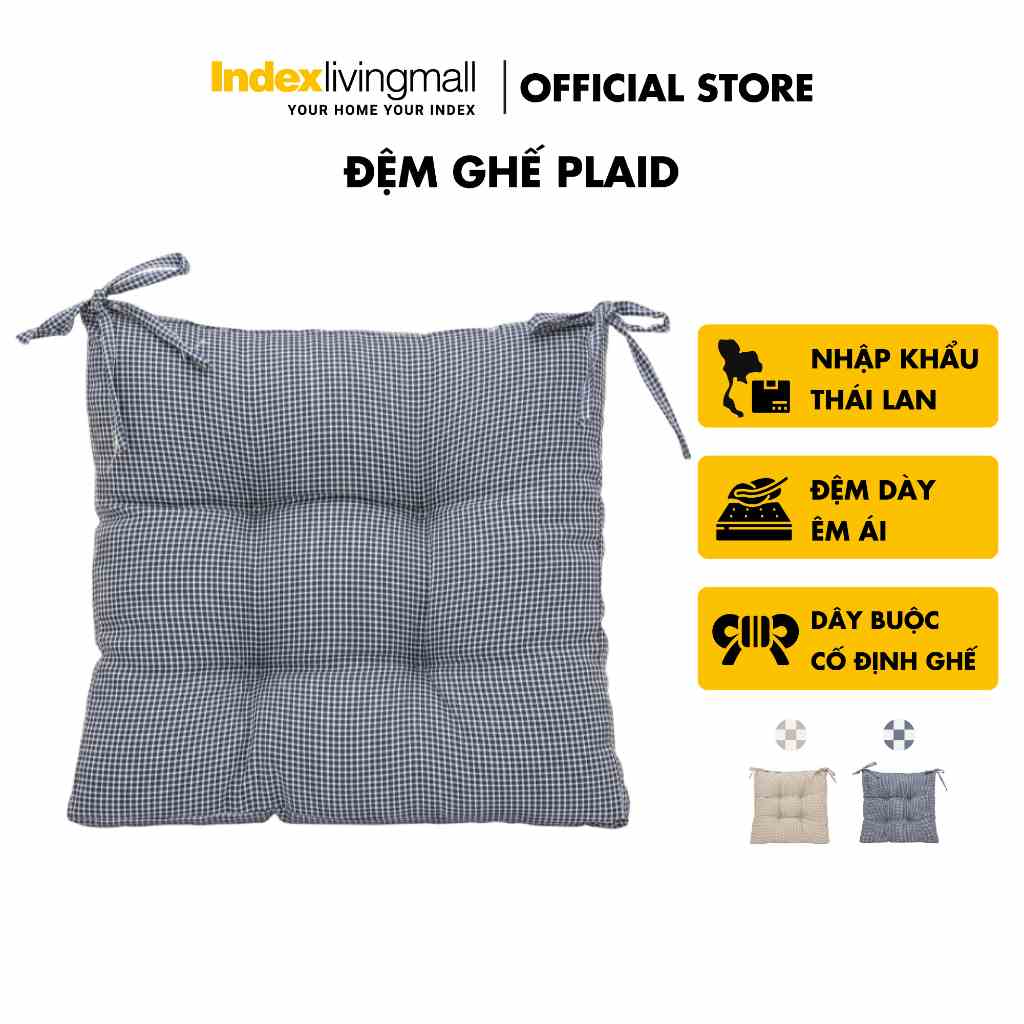 Đệm vuông ngồi bệt, gối lót ghế, tựa lưng sofa có dây buộc PLAID nệm bọc vải polyester màu xanh, kích thước 45x45x9cm