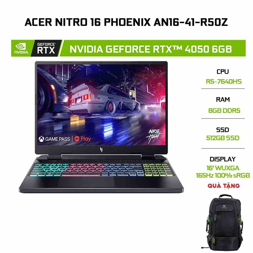 [Mã ELCL12 giảm 12% đơn 10TR] Laptop Acer Nitro 16 Phoenix AN16-41-R50Z R5-7640HS|8GB|512GB|RTX™ 4050 6GB|16