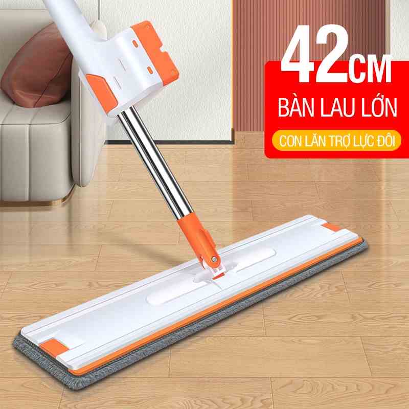 Cây lau nhà tự vắt Kitimop-White bàn lau lớn 42cm, con lăn trợ lực, khớp xoay 360 độ, bảo hành 12 tháng, 2 miếng lau