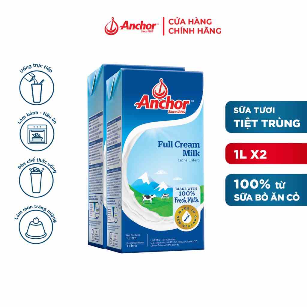 Combo 2 hộp Sữa tươi tiệt trùng Anchor hộp 1 lít