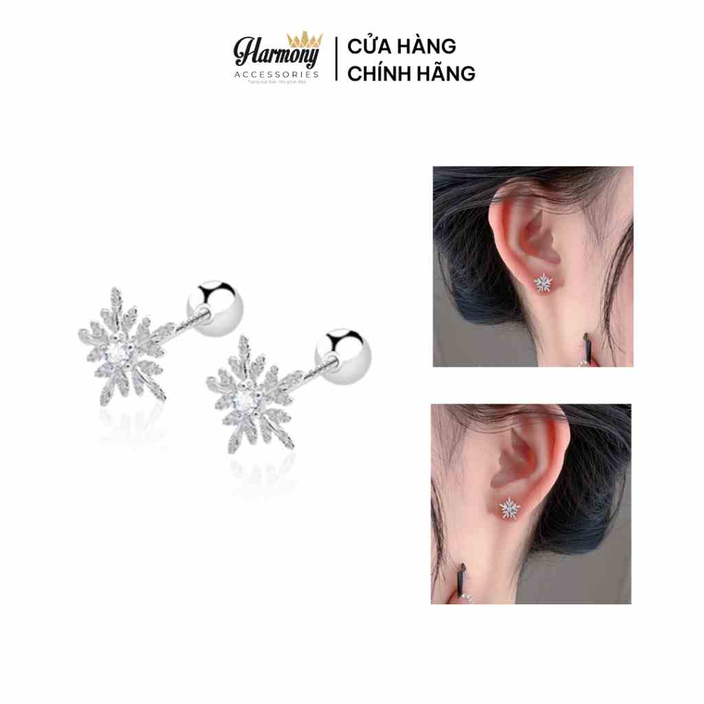 Khuyên tai nữ bạc 925 hình bông tuyết đính đá chuôi bi tròn vặn | HARMONY ACCESSORIES K280