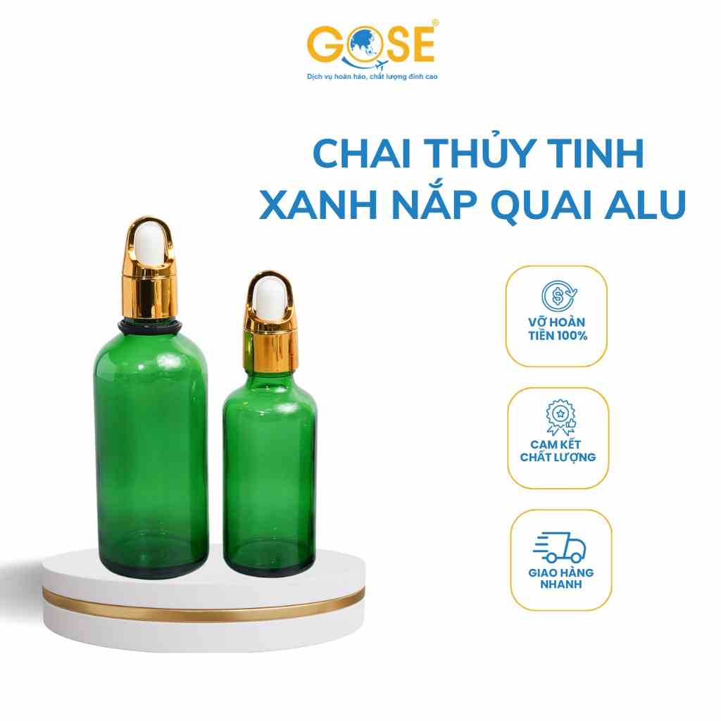 Lọ thủy tinh chiết tinh dầu bộ chiết mỹ phẩm GOSE đựng tinh chất serum thân xanh nắp quai