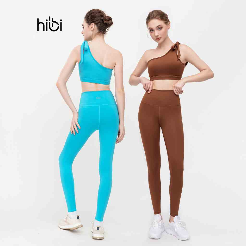 Set Đồ Tập Yoga Gym Luxury Hibi Sports H154 Áo Lệch Vai Dây Nơ, Màu Xanh và Nâu, Kèm Mút Ngực, Chất Vải Lu Fabric