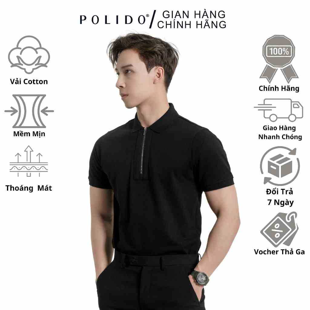 Áo Polo Nam Nẹp Khóa Polido Màu Đen Chất Liệu Cotton Mềm Mịn Thoáng Mát Thời Trang Nam Hiện Đại Phong Cách Cuốn Hút