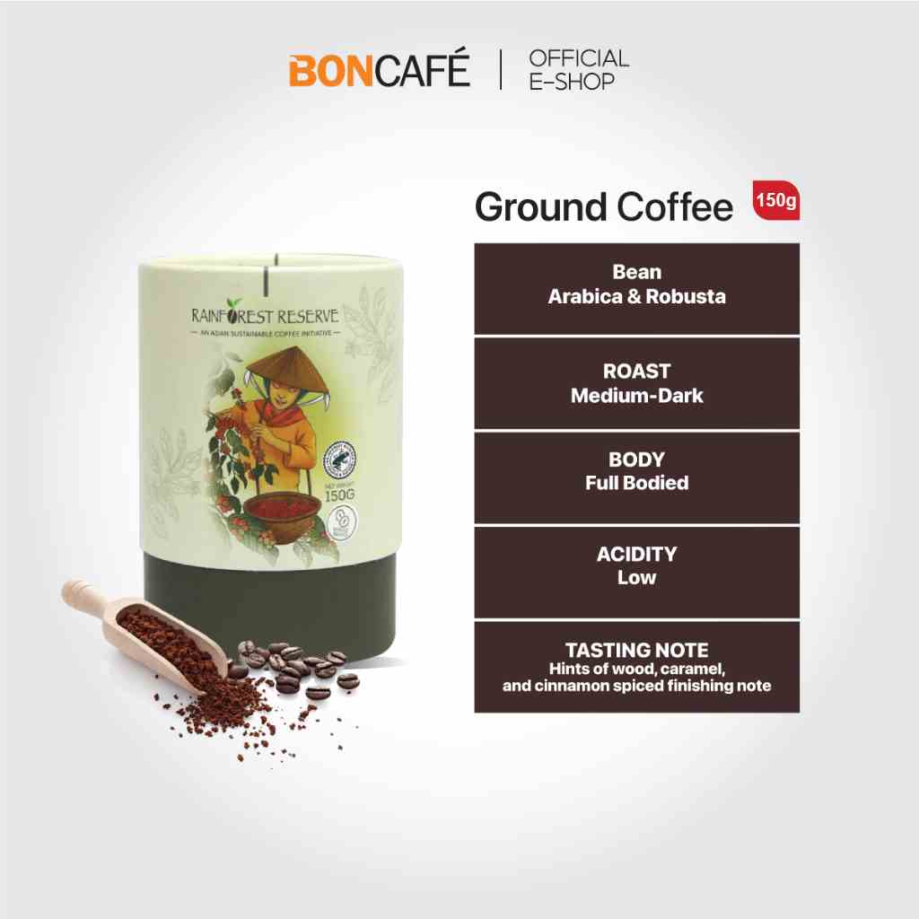 Cà phê rang xay nguyên chất Robusta & Arabica vị đậm đà Boncafé Rainforest Reserve 150g/hộp - Cà phê pha phin, espresso