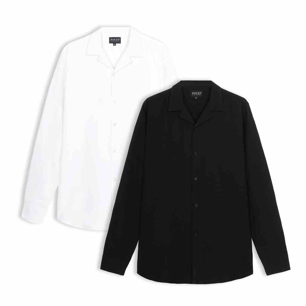 Áo sơ mi nam tay dài Trắng Đen Cổ Vest POLYS Fullbox, Vải Chéo dày dặn, co giãn, thoáng khí Áo sơ mi LONG SLEEVE CUBAN