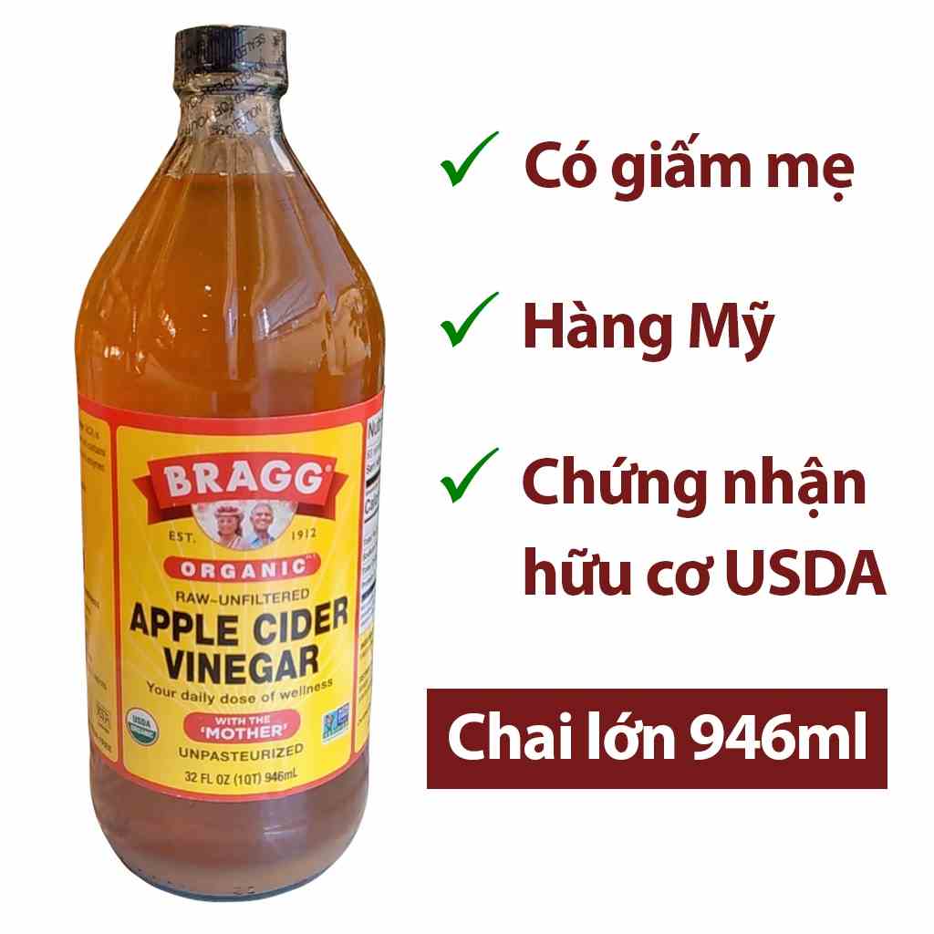 Giấm táo hữu cơ Bragg - Hàng mỹ - Chai lớn 946ml