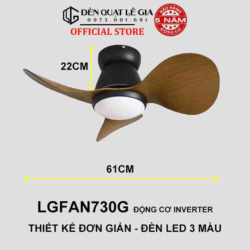 Quạt Trần Mini Cổ NgắnGFAN LÊ GIA LGFAN730G - Chiều Cao 22cm - Sải Cánh 61cm - Bảo Hành 5 Năm