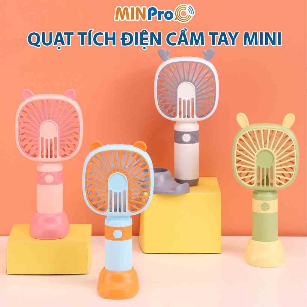 Quạt Tích Điện Cầm Tay Mini MINPRO Để Bàn Nhỏ Gọn 3 Tốc Độ Gió Có Đèn Led Thiết Kế Dễ Thương Tiện Lợi